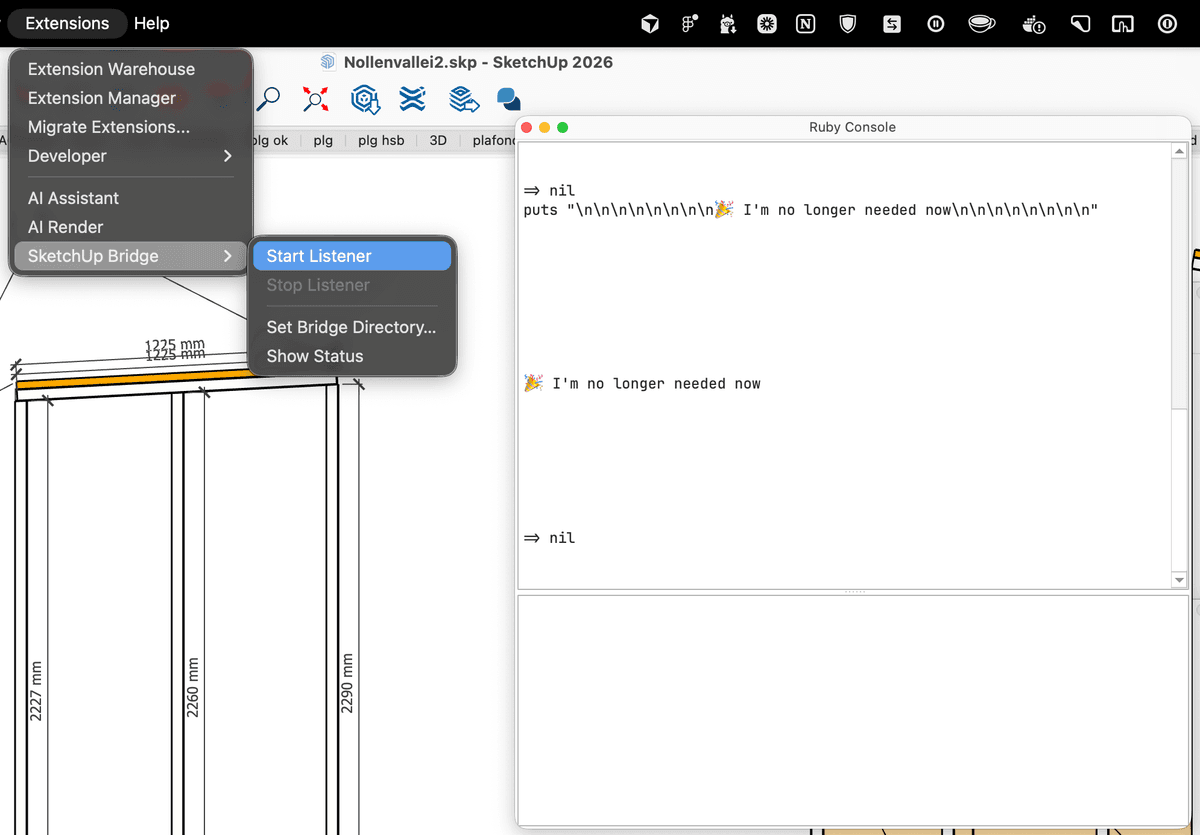 Screenshot of SketchUp showing the menu item of the plugin and ruby console